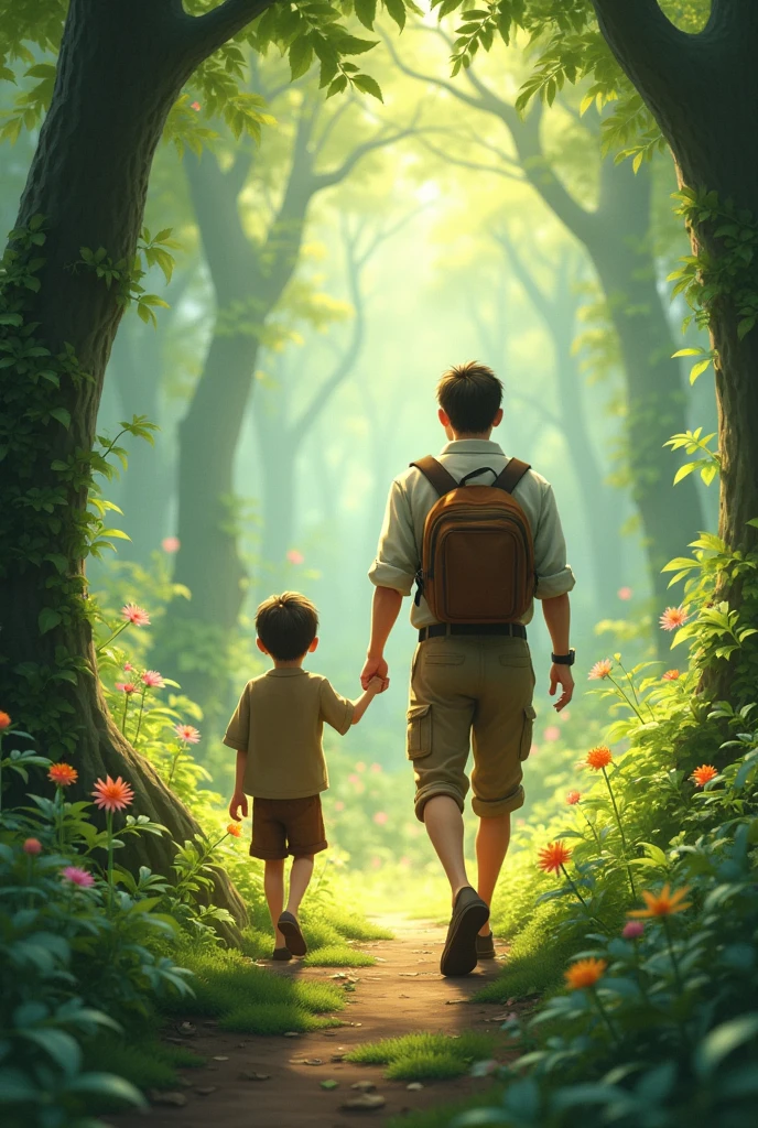 A boy with his father walking through the forest