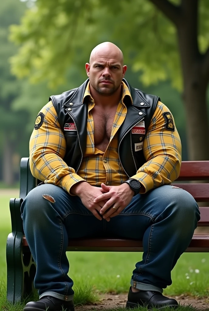 Big body builder white bald men wearing unbuttoned yellow double pocket check shirt and black leather jacket with logos in park on bench
