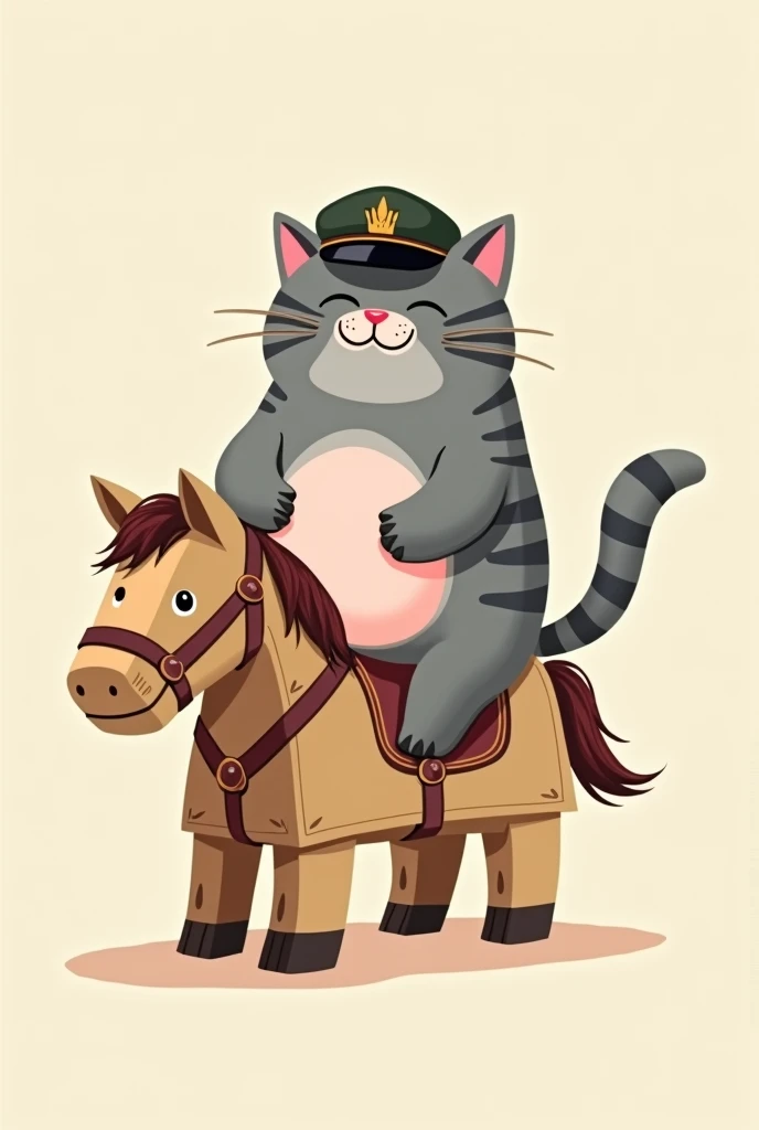 Cartoon of a chubby, good-natured and happy gray cat, handsome, with lighter stripes and a pink belly that looks like a soldier with a mustache and a cardboard horse