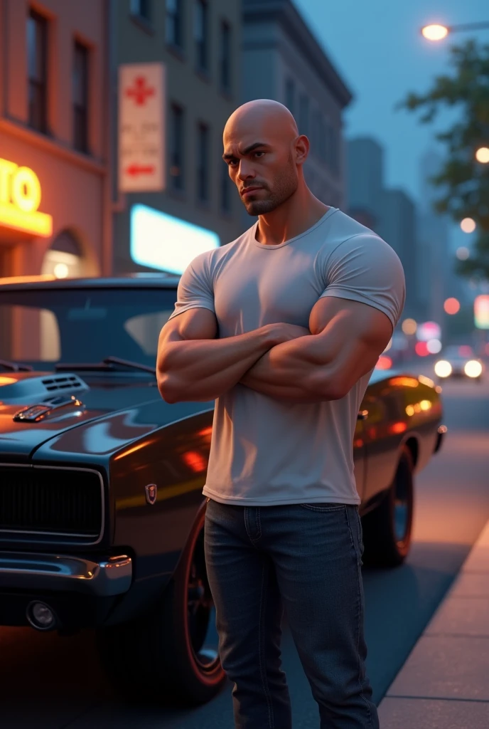 very super image A character(Vim Diesel) inspired by Disney-Pixar&#39;s 3D style, A muscular man, bald and with a confident expression, wearing a fitted white t-shirt and jeans. Ao fundo, um carro Dodge Charger preto, iconic from the movie &#39;Fast and Furious&#39;, parked on a city street overnight."