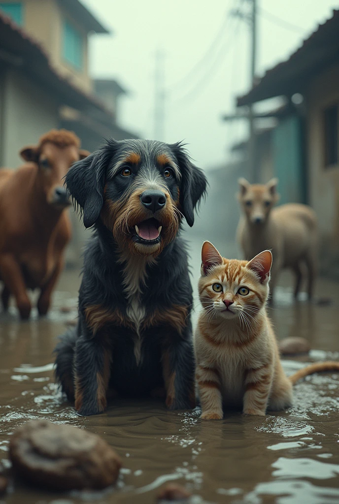 a dog and cat is crying in a flood.his human friend left him alone.also a cow and goat was there
