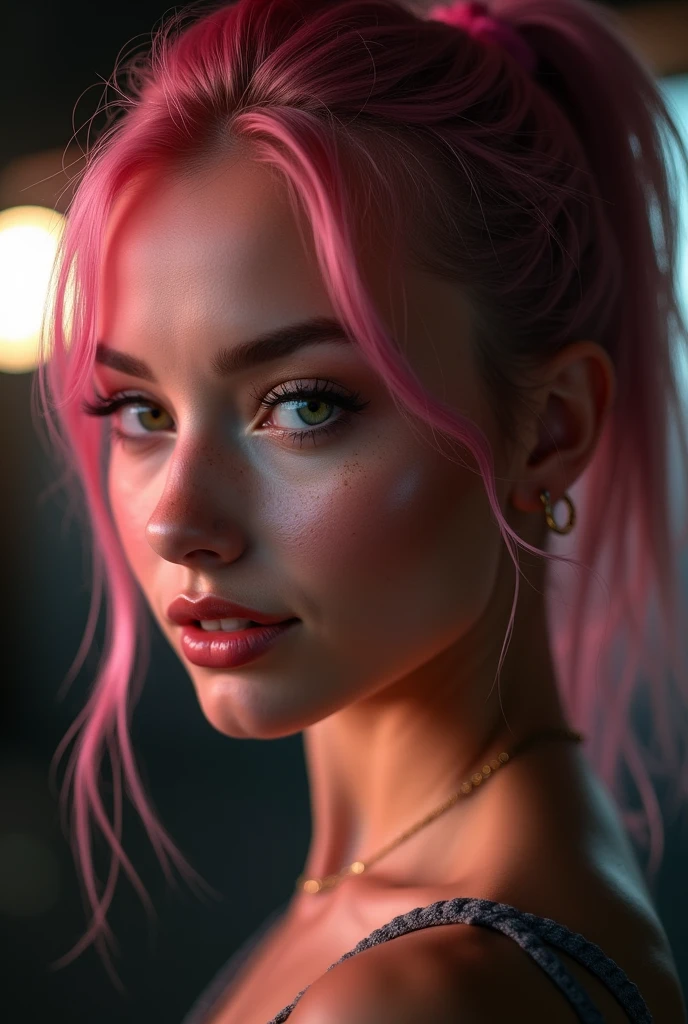 (RAW photo) night scene, close up photo of a sexy girl, posing, looking at viewer, smiling, pink hair in a ponytail, (green eyes:0.8), cute young face, 18 yo, soft volumetric lights, soft key and fill lighting, (backlit:1.3), (cinematic:1.3), intricate details, (ArtStation:1.2), skin blemishes, (freckles:0.9), detailed eyes, micro details, FUJI XT3, photorealistic, realismo nuas