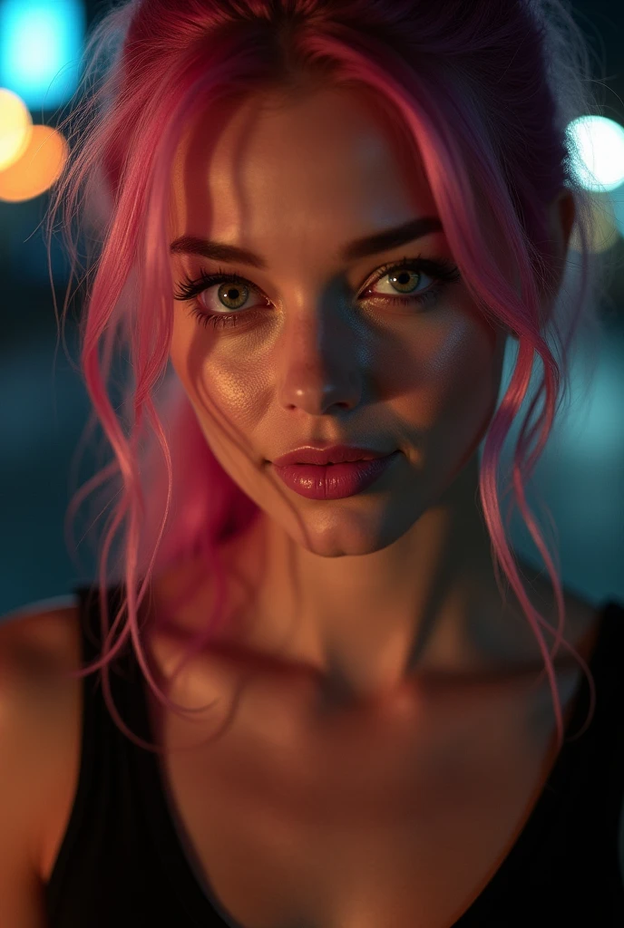 (RAW photo) night scene, close up photo of a sexy girl, posing, looking at viewer, smiling, pink hair in a ponytail, (green eyes:0.8), cute young face, 18 yo, soft volumetric lights, soft key and fill lighting, (backlit:1.3), (cinematic:1.3), intricate details, (ArtStation:1.2), skin blemishes, (freckles:0.9), detailed eyes, micro details, FUJI XT3, photorealistic, realismo nuas 