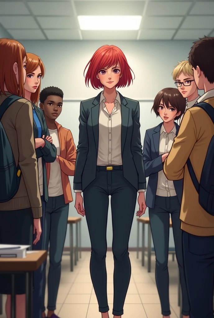 investigation, interviews, surveys, short red hair teacher, teacher with her students, university