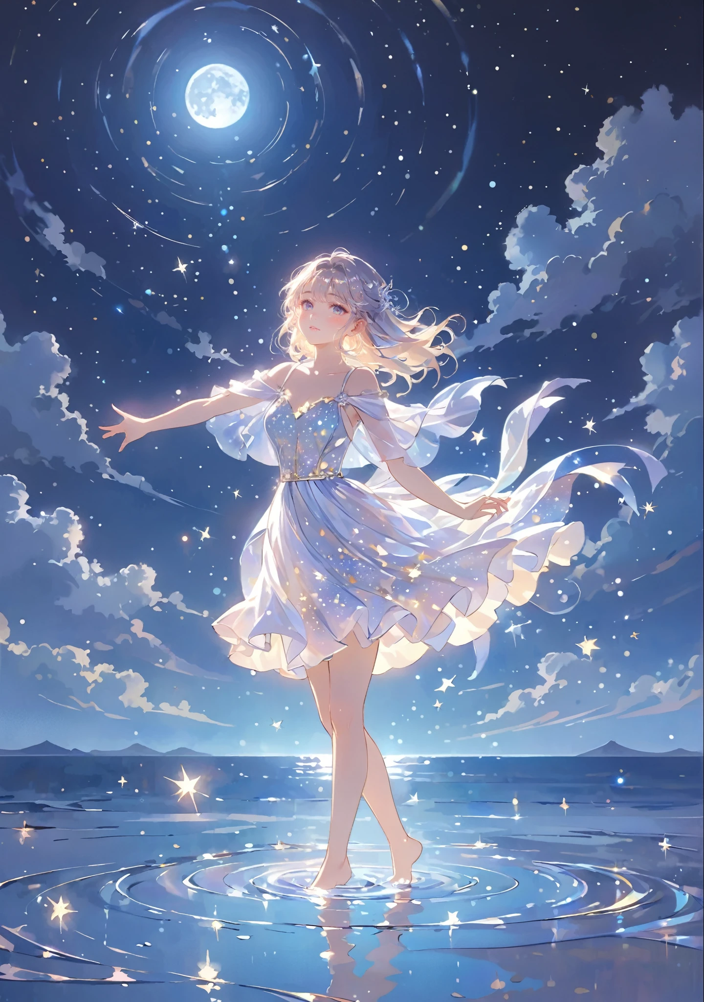 A girl standing alone under the starry night sky, with her silhouette illuminated by the soft moonlight and twinkling stars. Her face is beautifully detailed, with mesmerizing eyes that seem to reflect the universe itself, long and fluttering eyelashes, and exquisitely defined lips. She is dressed in an elegant gown, flowing and ethereal, embracing her figure gracefully as it glimmers with a subtle celestial glow. The intricate details of her dress catch the faint starlight, creating a mesmerizing sparkle. The surrounding landscape showcases a serene ocean. The air is filled with a gentle breeze, causing the fabric to sway delicately. The  is bathed in a warm, dreamy color palette, with hues of deep blues, purples, and hints of silver. The atmosphere is calm and tranquil, evoking a sense of peace and serenity. The artwork is of the highest quality, meticulously created with ultra-detailed brushstrokes and precise attention to every element. The texture and depth of the painting are breathtaking, with a sense of realism and photorealism that captures the awe-inspiring beauty of the night sky. The lighting is soft and diffused, casting a gentle glow over the entire scene, enhancing the magical ambiance. The girl's presence radiates a sense of mystery and wonder, as if she holds a secret connected to the celestial beings above. The overall composition evokes a feeling of timelessness and captures the essence of a StarSign, an artwork that embodies the celestial beauty and inner strength of a girl in harmony with the stars. Barefoot,walking on water