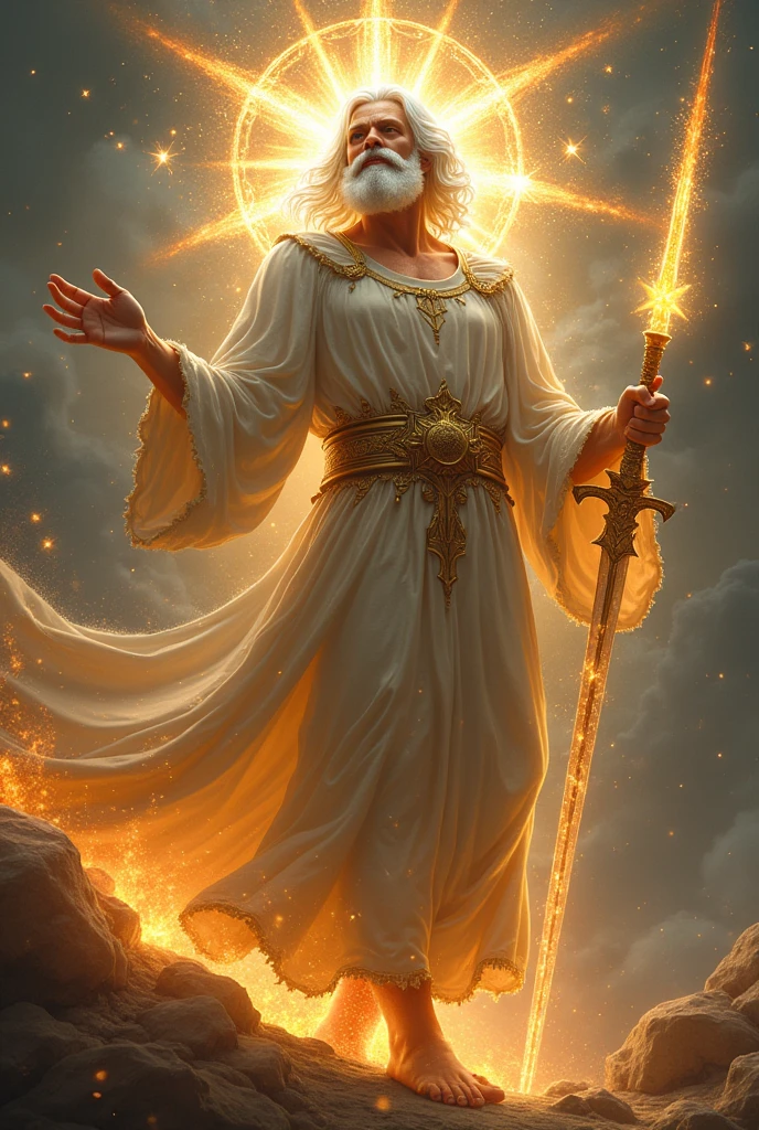 naughty man, dressed to the feet of a long garment and girded by the chest with a golden belt. And his head and his hairs were white like white wool., like snow, and the eyes, like a flame of fire; and his feet, similar to shining brass, as if it had been refined in a furnace; and your voice, like the voice of many waters.And he had seven stars in his right hand; and out of his mouth came a sharp two-edged sword; and his face was like the sun, when in its strength it shines.
