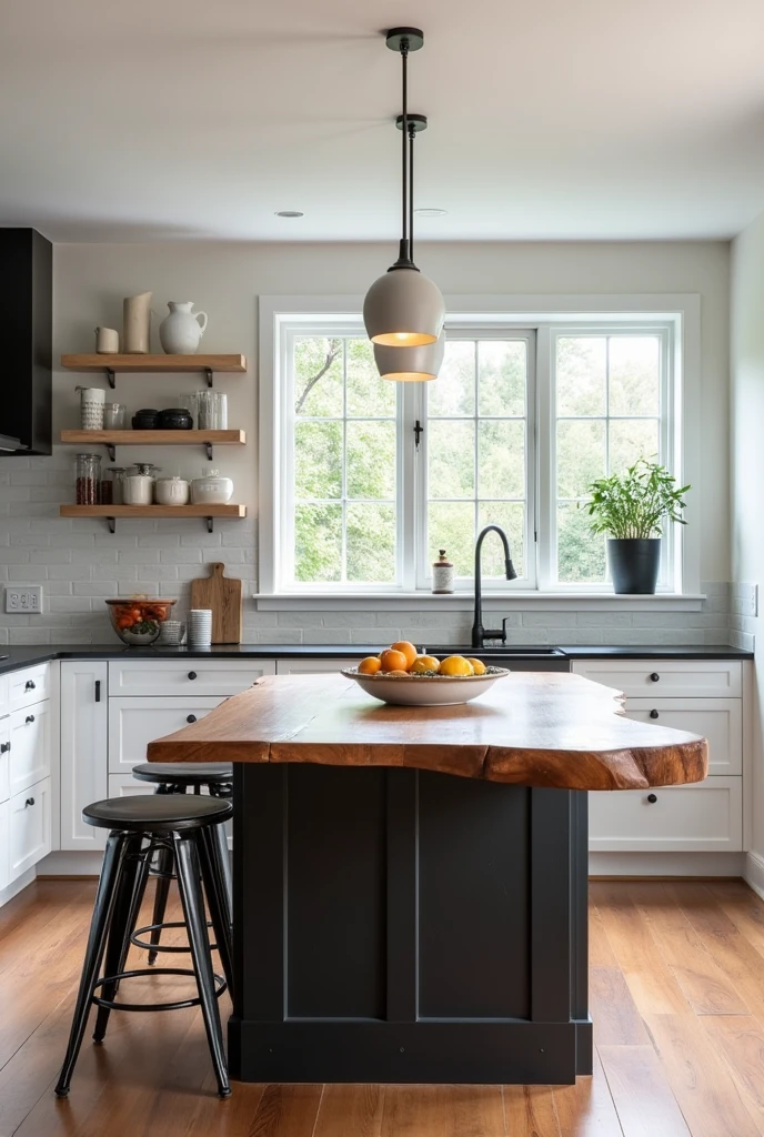 Design a sleek and modern kitchen with a distinctive live-edge wooden island countertop. The kitchen should feature white cabinets and black countertops for a contemporary aesthetic. Add geometric bar stools and pendant lights above the island for a stylish look. Use a light, neutral backsplash to keep the space bright and airy. Make sure the kitchen is filled with natural light, enhancing the combination of modern and rustic elements for a cozy and elegant feel