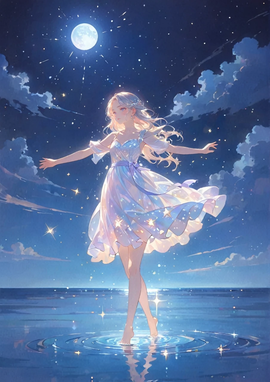 A girl standing alone under the starry night sky, with her silhouette illuminated by the soft moonlight and twinkling stars. Her face is beautifully detailed, with mesmerizing eyes that seem to reflect the universe itself, long and fluttering eyelashes, and exquisitely defined lips. She is dressed in an elegant gown, flowing and ethereal, embracing her figure gracefully as it glimmers with a subtle celestial glow. The intricate details of her dress catch the faint starlight, creating a mesmerizing sparkle. The surrounding landscape showcases a serene ocean. The air is filled with a gentle breeze, causing the fabric to sway delicately. The is bathed in a warm, dreamy color palette, with hues of deep blues, purples, and hints of silver. The atmosphere is calm and tranquil, evoking a sense of peace and serenity. The artwork is of the highest quality, meticulously created with ultra-detailed brushstrokes and precise attention to every element. The texture and depth of the painting are breathtaking, with a sense of realism and photorealism that captures the awe-inspiring beauty of the night sky. The lighting is soft and diffused, casting a gentle glow over the entire scene, enhancing the magical ambiance. The girl's presence radiates a sense of mystery and wonder, as if she holds a secret connected to the celestial beings above. The overall composition evokes a feeling of timelessness and captures the essence of a StarSign, an artwork that embodies the celestial beauty and inner strength of a girl in harmony with the stars. Barefoot,walking on water