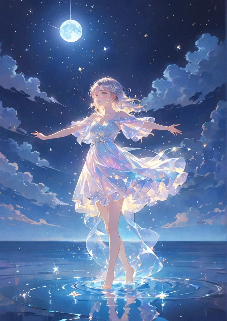 A girl standing alone under the starry night sky, with her silhouette illuminated by the soft moonlight and twinkling stars. Her face is beautifully detailed, with mesmerizing eyes that seem to reflect the universe itself, long and fluttering eyelashes, and exquisitely defined lips. She is dressed in an elegant gown, flowing and ethereal, embracing her figure gracefully as it glimmers with a subtle celestial glow. The intricate details of her dress catch the faint starlight, creating a mesmerizing sparkle. The surrounding landscape showcases a serene ocean. The air is filled with a gentle breeze, causing the fabric to sway delicately. The is bathed in a warm, dreamy color palette, with hues of deep blues, purples, and hints of silver. The atmosphere is calm and tranquil, evoking a sense of peace and serenity. The artwork is of the highest quality, meticulously created with ultra-detailed brushstrokes and precise attention to every element. The texture and depth of the painting are breathtaking, with a sense of realism and photorealism that captures the awe-inspiring beauty of the night sky. The lighting is soft and diffused, casting a gentle glow over the entire scene, enhancing the magical ambiance. The girl's presence radiates a sense of mystery and wonder, as if she holds a secret connected to the celestial beings above. The overall composition evokes a feeling of timelessness and captures the essence of a StarSign, an artwork that embodies the celestial beauty and inner strength of a girl in harmony with the stars. Barefoot,walking on water
