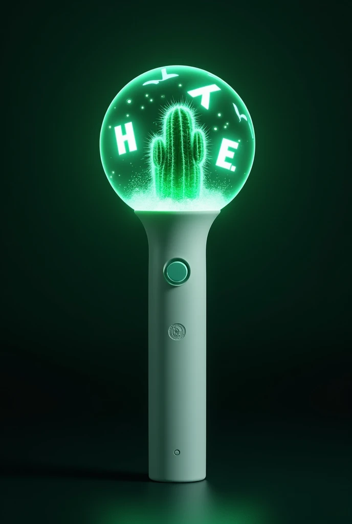 kpop lightstick. the stick is white. the size of stick is normal like other existed kpop lightstick about 18.5 cm height. it has a globe with cactus (dark green) in it. in that globe also have letter C,H,A,P,T,E,R floating around the cactus and inside the globe. The letters are white and glowing. Only one for each letter.the cactus emits green colour. glow in the dark. full picture. no hand. at the stick has on or off button. only cactus and letter inside the globe. no grass or anything. the globe is CIRCLE!!! at concert