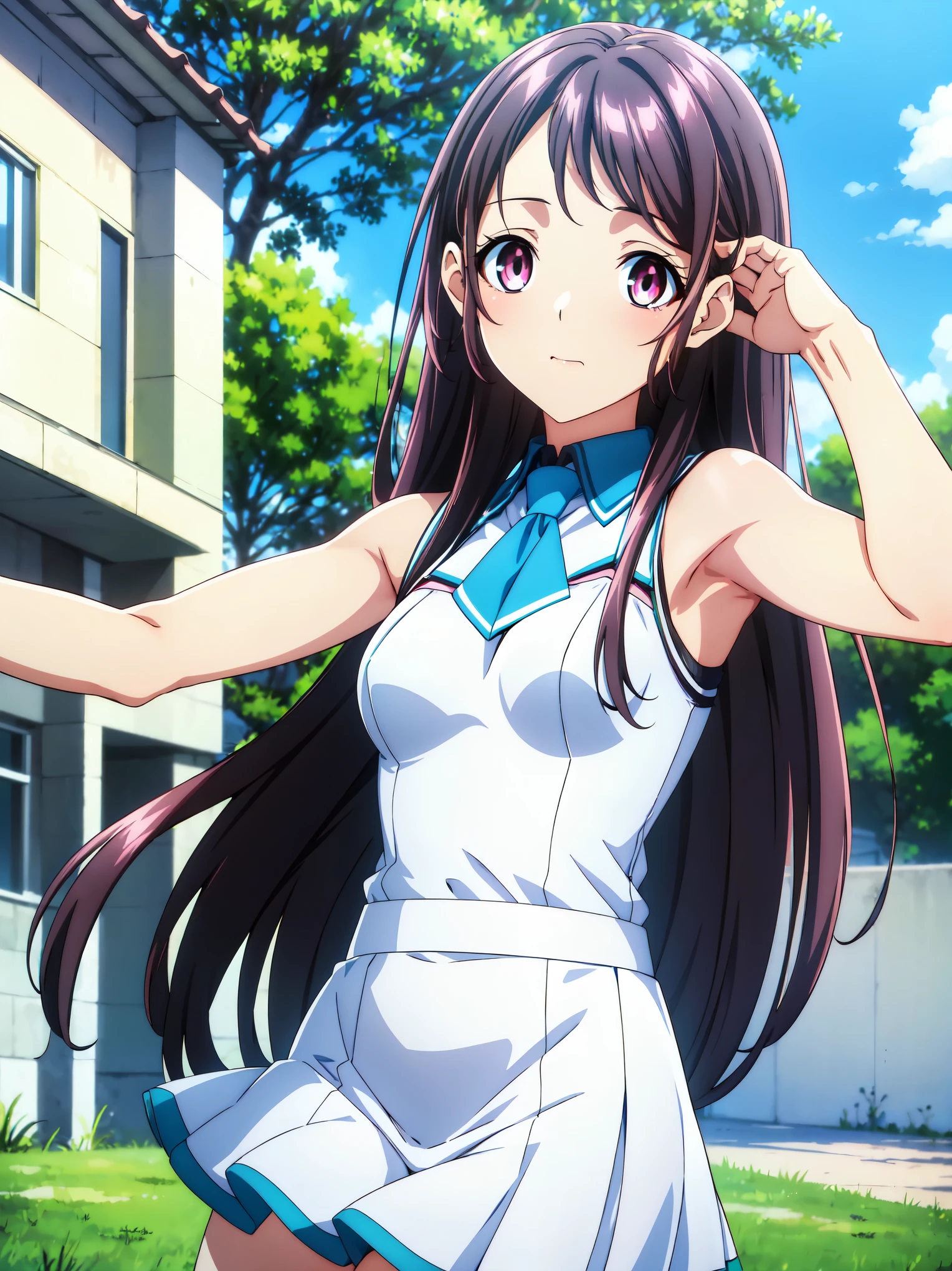 Show me your armpits,Kaori Hojo, , (masterpiece: 1.1), (Highest quality: 1.1), Top Bikini, (White Bikini: 1.1), (Checked mini skirt: 1.1), Mini high waist skirt, break [Green Grass: pink, :0.5] theme, (Urban Background: 1.1), Denim Lenses, break Silver, length, Green Eyes, landscape, Small box, low length, , Big Breasts,