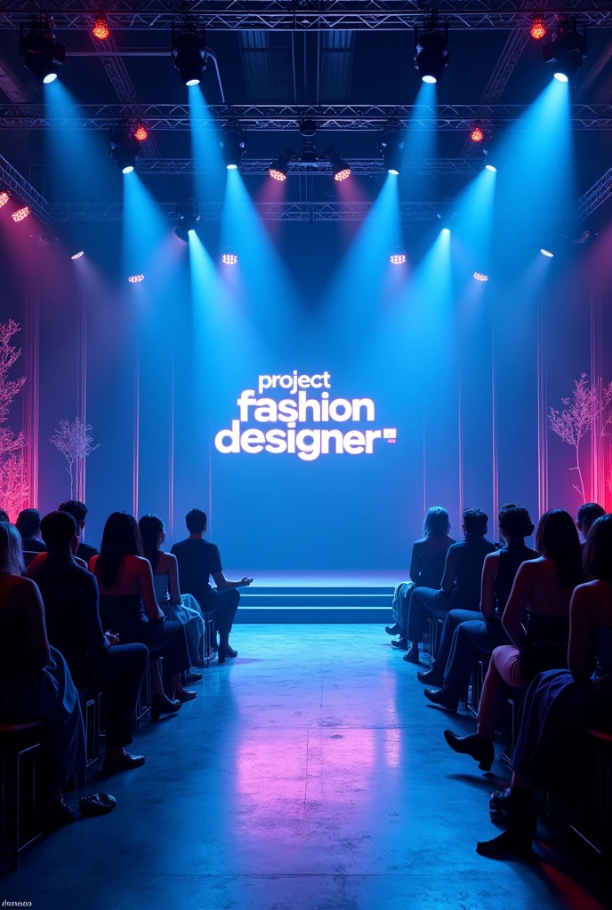 The party background is like a bustling club for the model show with the words “Project fashion designer - INIECO.” 3D with the main color being dark blue. Lots of LED lights and colorful lights shining everywhere. There must be an empty space in the center and no people