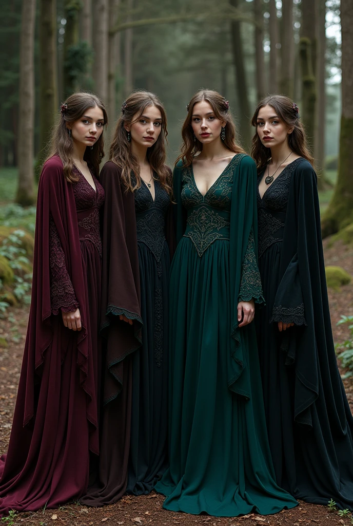 Bridesmaids dressed in Gothic and Celtic style clothing, These clothes must be in dark tones, minus the color black.