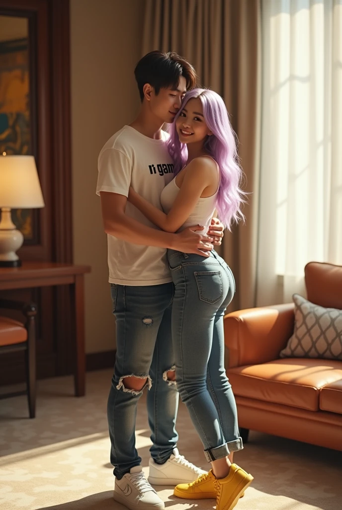 (photorealisme100k HD ultra, a handsome young Korean man with cool modern hair wearing a jeans jacket with the words "R Gaming" ripped jeans, white sports shoes, yellow shoes,he hugged a beautiful woman with a sweet smile, lavender blonde hair, sexy body, plump breasts, wide hips, beautiful,when in a luxurious elegant hotel room.