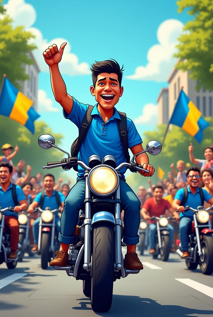 Draw a cartoon of a man with a blue shirt and a black bag on his back, calling people to follow him, riding a motorcycle bros, is to make a crowd of people following, people must wear blue and yellow shirts, men and women, a blue flag on the bike, and people holding flags with yellow and blue color, make the name very lively, Pre-candidate for councilor Ronaldo in the corner of the image 