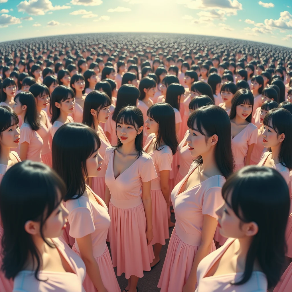 (((((Japanese Clone girls=Myself)))))), (((Best Super High quality Myself Clone girls Raw Photography Art))), (16K, Highest quality, Ultra-high resolution, RAW Photos), (((It's so unrealistic., With unparalleled depiction, With an unfathomable sight, An unprecedented and shocking worldview, Clone girls in a world of mass reproduction, Ultra-realistic))), (((Japanese, woman, 20yo, Saito-Asuka))), (Small face, ((Thick black hair, Semi-long hair))), ((V-neck short-sleeve dress)), (((((Very detailed美しい女体, Accurate body structure, Very detailed完璧な, Super busty body with very large breasts, Clearly emphasizes cleavage))))), (((Dark Eyes, Mature face, Cute Smile, A gentle gaze))), (((Her happy and smiling expression is so cute))), ((((((((Very detailed分身増殖描写, ((1girl→Myself cloning→1,000,000,000,000,000,000,000,000,000,000,000,000,000,000,000,000,000,000,000,000Myself Clone girls)))))))))), ((((((((Very detailed, The precise depiction of the proliferation of Myself Clone girls, ((With the perfectly identical bodies of Myself clone girls, With the exact same face as the Myself clone girls, With the exact same hairstyle as the Myself clone girls, In the exact same clothes as the girls who are my clones, Perfectly the same height as the Myself clone girls, Super big breasts, just like the Myself clone girls)))))))))), (((Myself clone girls only))), (((Very detailed depiction, (A group of Myself clone girls hugging each other, A large gathering of Myself clone girls, Fun conversations among crowds of Myself clone girls, A fun conversation among a crowd of Myself clone girls, Flirting with a crowd of Myself clone girls, Multiple Myself clone girls walking together in a crowd, turn around, The approaching crowd of Myself)))), (((Everyone looks at the camera))), (((Unbelievably crowded, Transcendent Myself clone girls intimately, A crowd of Myself clone girls surrounds you in 360 degrees))), (Bright, soft sunlight), (((Very wide field of view, Very detailed, Detailed ultra-perspective depiction with clear depth, super wide view))), (((((The place where multiple Myselfs join together is a blissful place))))), (((Very photographic and detailed depiction, Myself clone girls will multiply infinitely and fill the surroundings from one side to the horizon with their bodies tightly packed together without any gaps., A scene of endless Myself clone girls, giving a happy vibe.))), (Focus on the average value of the image)