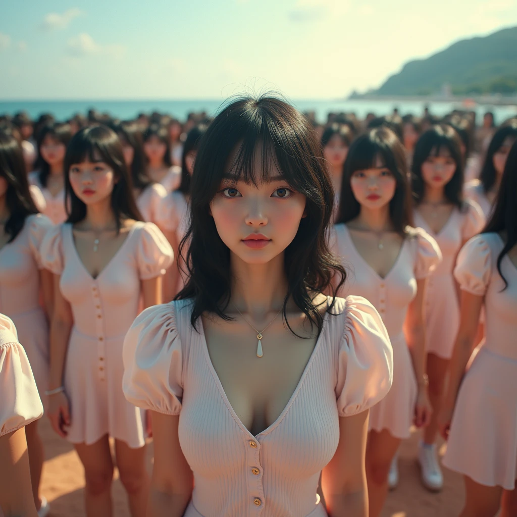 (((((Japanese Clone girls=Myself)))))), (((Best Super High quality Myself Clone girls Raw Photography Art))), (16K, Highest quality, Ultra-high resolution, RAW Photos), (((It's so unrealistic., With unparalleled depiction, With an unfathomable sight, An unprecedented and shocking worldview, Clone girls in a world of mass reproduction, Ultra-realistic))), (((Japanese, woman, 20yo, Saito-Asuka))), (Small face, ((Thick black hair, Semi-long hair))), ((V-neck short-sleeve dress)), (((((Very detailed美しい女体, Accurate body structure, Very detailed完璧な, Super busty body with very large breasts, Clearly emphasizes cleavage))))), (((Dark Eyes, Mature face, Cute Smile, A gentle gaze))), (((Her happy and smiling expression is so cute))), ((((((((Very detailed分身増殖描写, ((1girl→Myself cloning→1,000,000,000,000,000,000,000,000,000,000,000,000,000,000,000,000,000,000,000,000Myself Clone girls)))))))))), ((((((((Very detailed, The precise depiction of the proliferation of Myself Clone girls, ((With the perfectly identical bodies of Myself clone girls, With the exact same face as the Myself clone girls, With the exact same hairstyle as the Myself clone girls, In the exact same clothes as the girls who are my clones, Perfectly the same height as the Myself clone girls, Super big breasts, just like the Myself clone girls)))))))))), (((Myself clone girls only))), (((Very detailed depiction, (A group of Myself clone girls hugging each other, A large gathering of Myself clone girls, Fun conversations among crowds of Myself clone girls, A fun conversation among a crowd of Myself clone girls, Flirting with a crowd of Myself clone girls, Multiple Myself clone girls walking together in a crowd, turn around, The approaching crowd of Myself)))), (((Everyone looks at the camera))), (((Unbelievably crowded, Transcendent Myself clone girls intimately, A crowd of Myself clone girls surrounds you in 360 degrees))), (Bright, soft sunlight), (((Very wide field of view, Very detailed, Detailed ultra-perspective depiction with clear depth, super wide view))), (((((The place where multiple Myselfs join together is a blissful place))))), (((Very photographic and detailed depiction, Myself clone girls will multiply infinitely and fill the surroundings from one side to the horizon with their bodies tightly packed together without any gaps., A scene of endless Myself clone girls, giving a happy vibe.))), (Focus on the average value of the image)