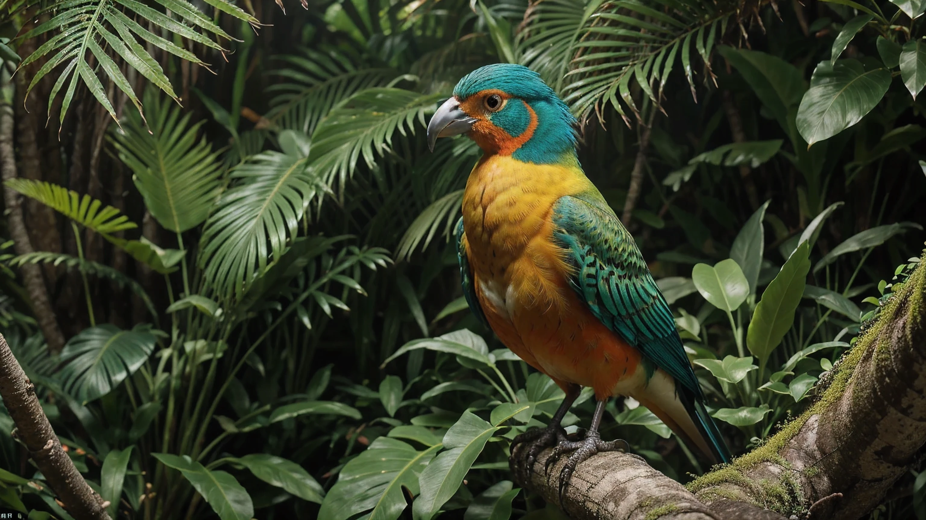 Descripción: Create a highly detailed and vibrant image of an exotic bird perched in a lush jungle setting. The bird should have an intricate pattern on its feathers, incorporating a mix of bright colors like blues, greens, reds, and yellows, giving it a fantastical appearance. The feathers should be stylized with a texture that resembles lace or fabric, adding depth and visual interest. The background should be a blurred jungle, with soft bokeh effects of light filtering through the trees, to give a sense of depth and focus on the bird. Ensure the image is in a high-resolution format suitable for a 1920x1080 monitor background. The style should be a mix of realism and fantasy, with attention to detail in both the bird's plumage and the surrounding foliage.