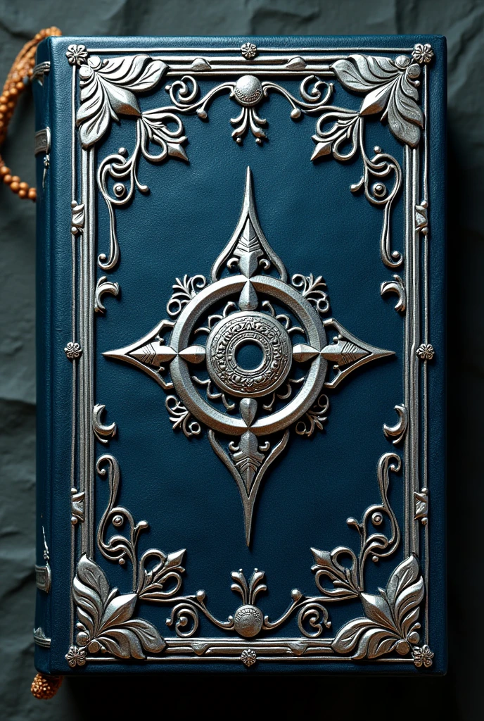 A grimoire with sparkling features carved in silver with branches of small arabesque leaves in the four corners of the cover and in its center the symbol of the triple moon