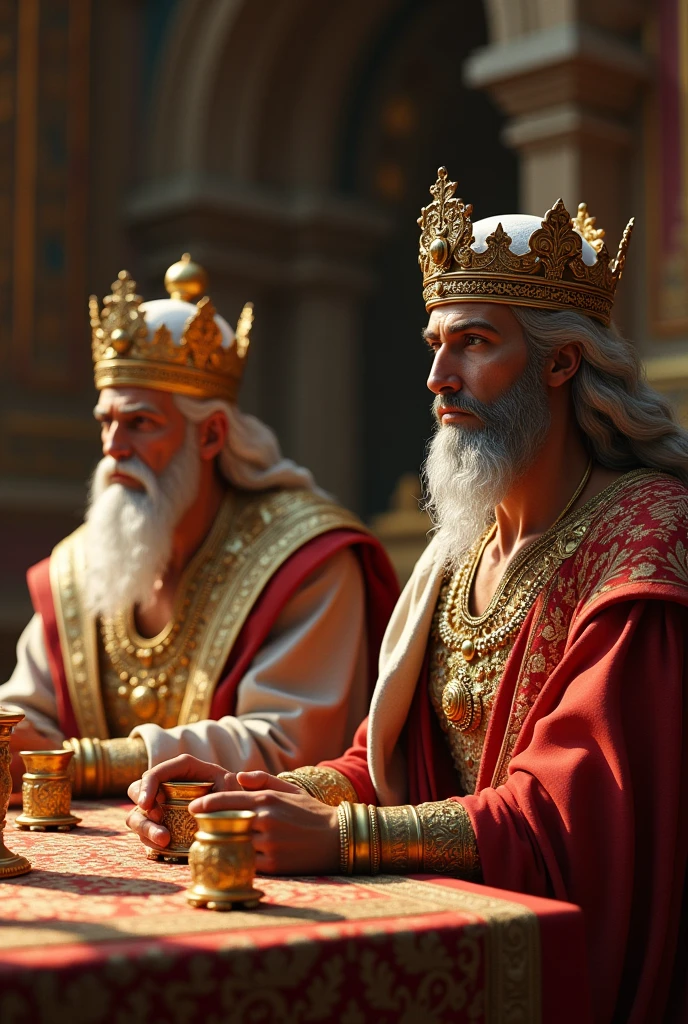 a table with the king and queen of Persia with their crowns also add sitting at the table with them an officer of the king of Persia with a turban make them with golden cups in their hands leave only the three characters on the scene make the officer with a turban on his head with a white beard sitting next to the king