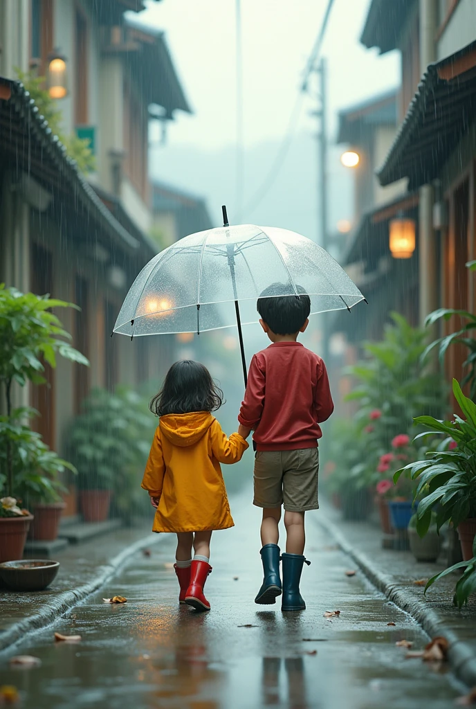 A girl and a boy walking in the rain