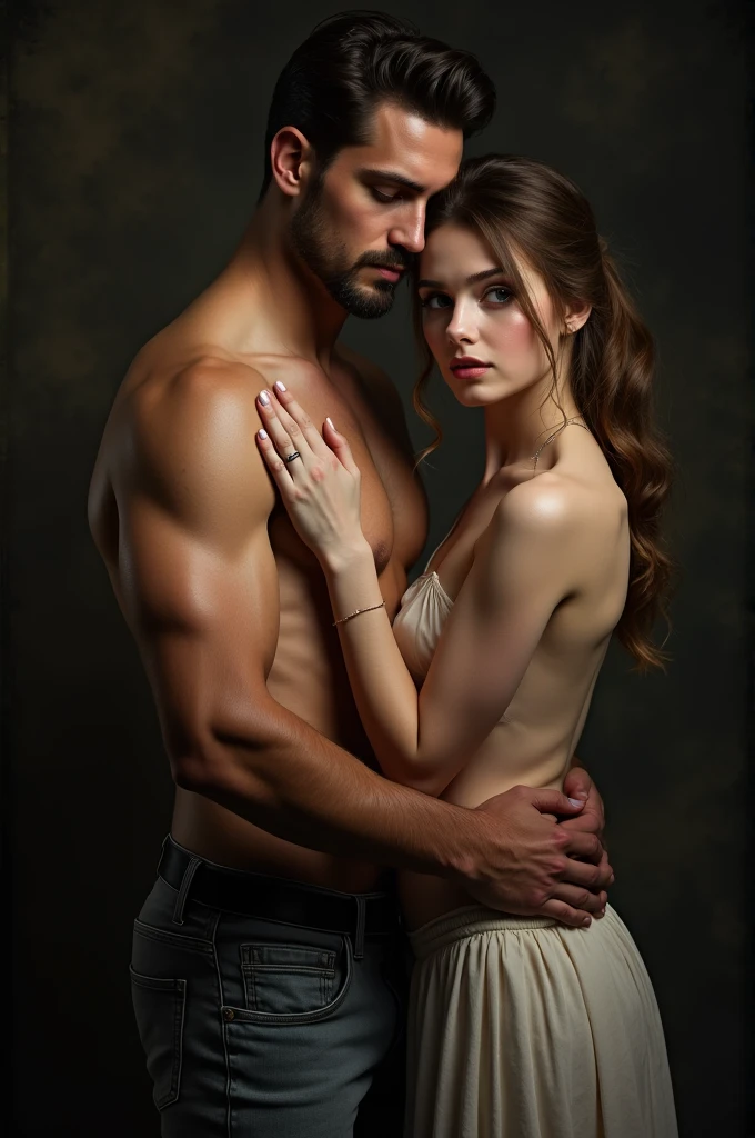 Hyper realistic, topless couple , stand front and back, putting hands each other jeans pockets