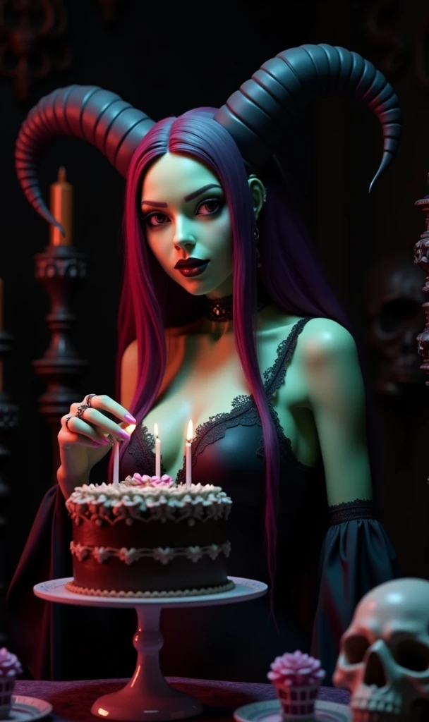 A 3D render of a gothic  setting with a neon-red-long-haired demoness celebrating Ideogram's 1-year birthday. The demoness, with vibrant green skin, is wearing a dark lace attire and is tearing into a decadent chocolate cake. The background is filled with gothic decor, including candles, skulls, and intricate patterns. The lighting is dramatic, with shadows cast on the walls.