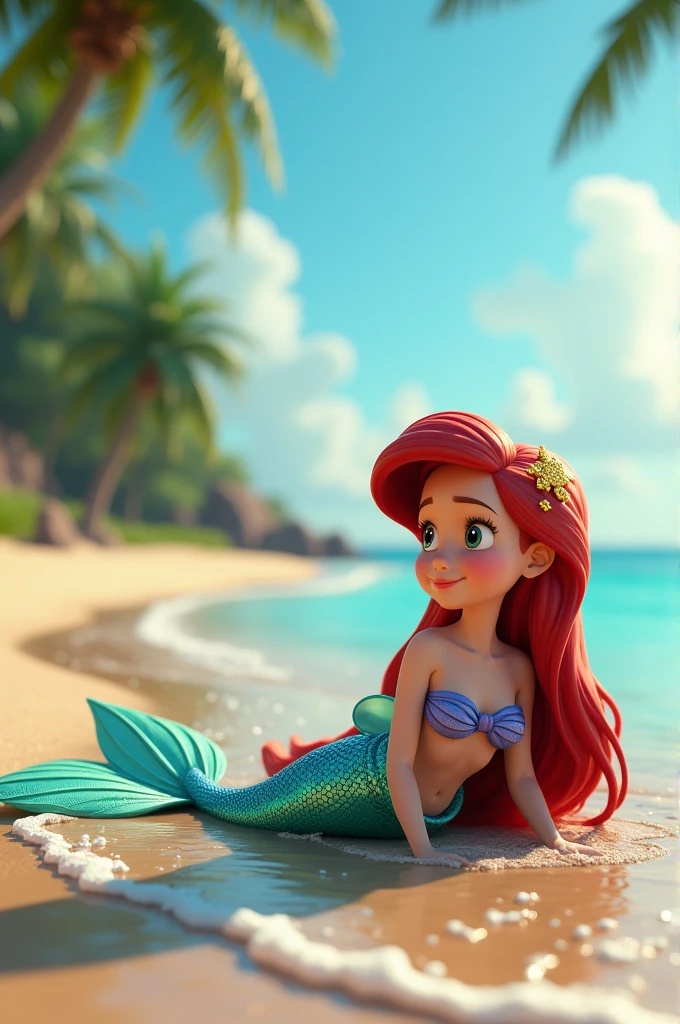 Generate in cinematic 3D cartoon style*First Glimpse of the Shore**: The little mermaid lying on the beach, her tail still in the water, as she looks around at the sandy shore, trees, and the distant horizon for the first time.