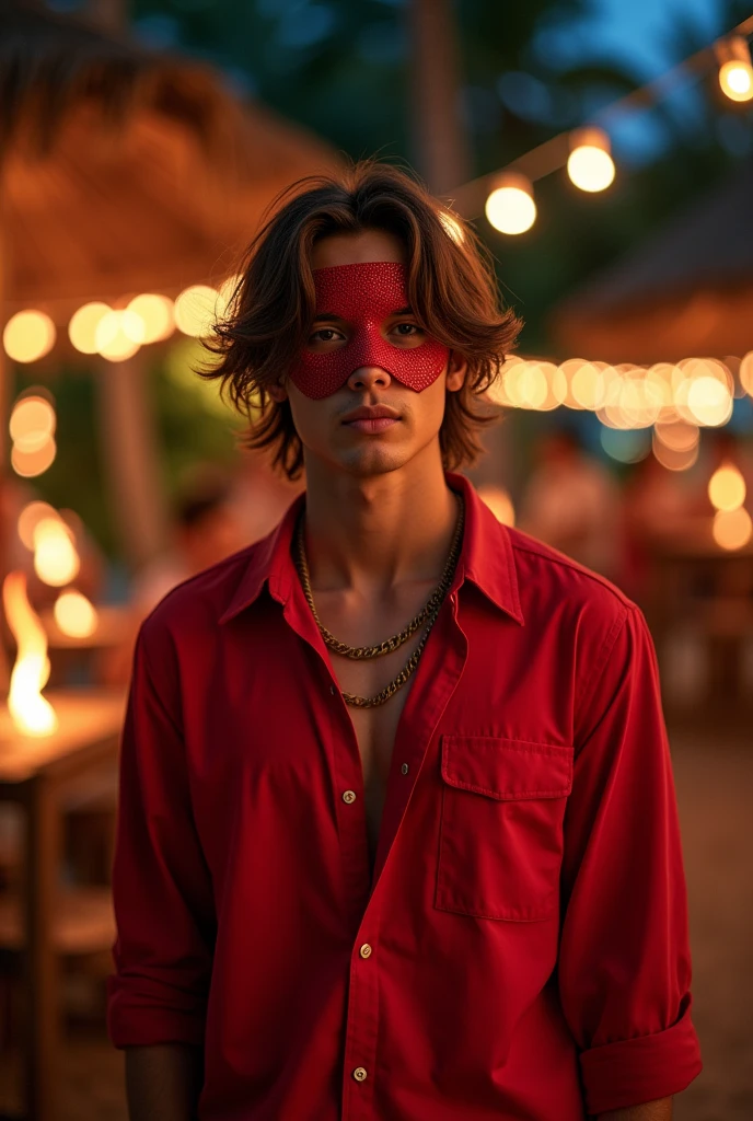 Young man with wavy hair and mask covering upper part of face in red clothes at outdoor luau party at night
