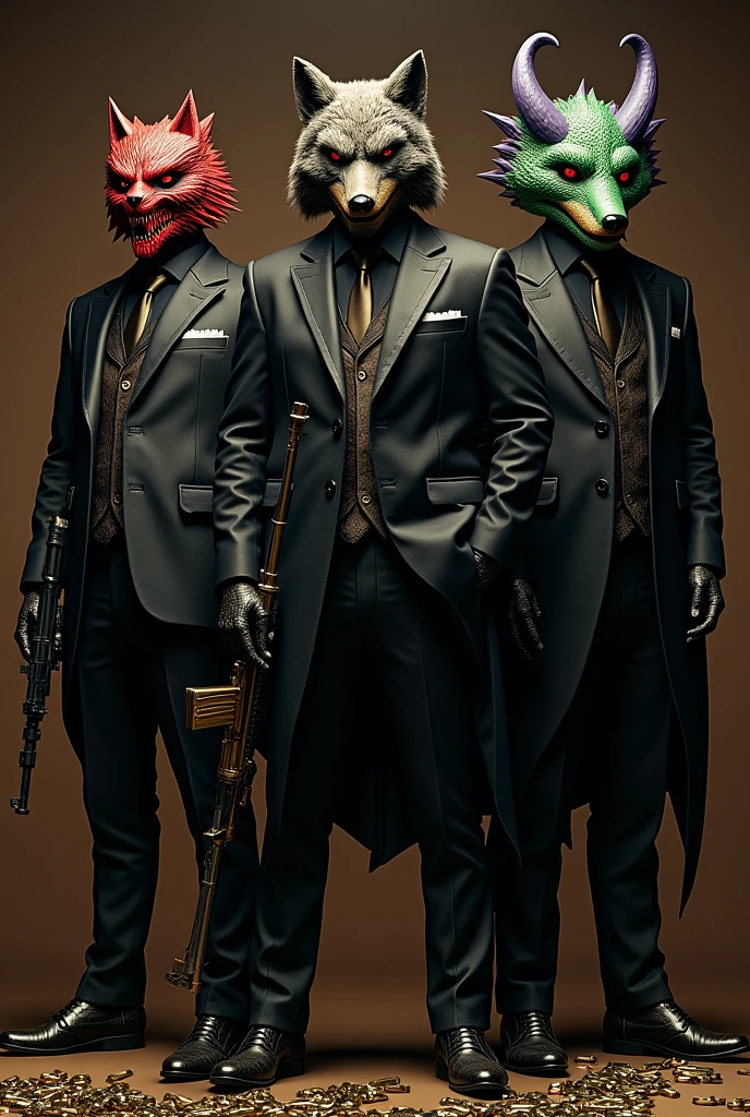 3 men in black suits, one at the end on the right with a realistic green dragon mask and purple tips slanted red eyes ,  . In the middle one with a realistic wolf mask that has hair and on the left one with a realistic red demon mask , The 3 with golden suits and weapons and lots of bullets