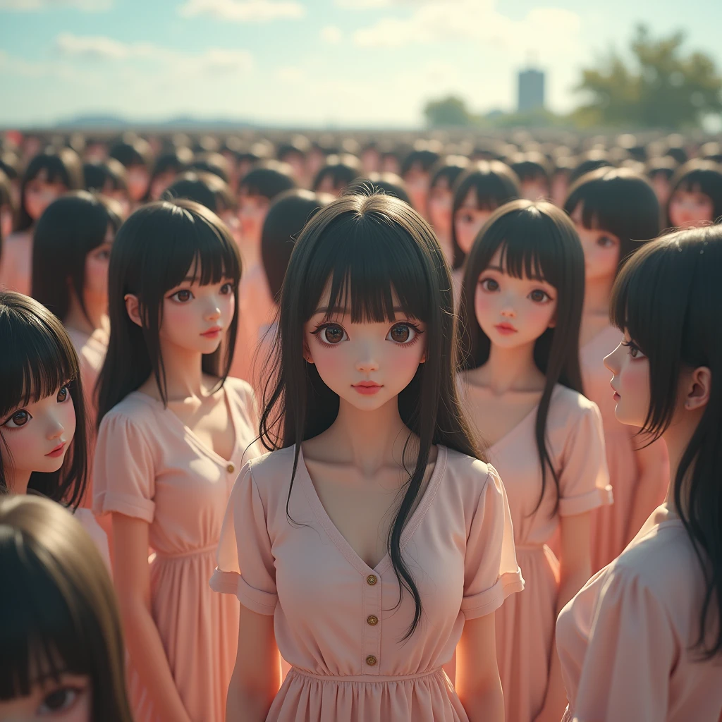 (((((Japanese Clone girls=Myself)))))), (((Best Super High quality Myself Clone girls Raw Photography Art))), (16K, Highest quality, Ultra-high resolution, RAW Photos), (((It's so unrealistic., With unparalleled depiction, With an unfathomable sight, An unprecedented and shocking worldview, Clone girls in a world of mass reproduction, Ultra-realistic))), (((Japanese, woman, 20yo, Saito-Asuka))), (Small face, ((Thick black hair, Semi-long hair))), ((V-neck short-sleeve dress)), (((((Very detailed美しい女体, Accurate body structure, Very detailed完璧な, Super body with very large breasarly emphasizes cleavage))))rk Eyes, Mature face, Cute Sm gentle gaze))), (((Her happy and smiling expression is so cute))), ((((((((Very detailed分身増殖描写, ((1girl→Myself cloning→1,000,000,000,000,000,000,000,000,000,000,000,000,000,000,000,000,000,000,000,000Myself Clone girls)))))))))), ((((((((Very detailed, The precise depiction of the proliferation of Myself Clone girls, ((With the perfectly identical bodies of Myself clone girls, With the exact same face as the Myself clone girls, With the exact same hairstyle as the Myself clone girls, In the exact same clothes as the girls who are my clones, Perfectly the same height as the Myself clone girls, Super big breasts, just like thene girls)))))))))), (((Myself clone girls only))), (((Very detailed depiction, (A group of Myself clone girls hugging each other, A large gathering of Myself clone girls, Fun conversations among crowds of Myself clone girls, A fun conversation among a crowd of Myself clone girls, Flirting with a crowd of Myself clone girls, Multiple Myself clone girls walking together in a crowd, turn around, The approaching crowd of Myself)))), (((Everyone looks at the camera))), (((Unbelievably crowded, Transcendent Myself clone girls intimately, A crowd of Myself clone girls surrounds you in 360 degrees))), (Bright, soft sunlight), (((Very wide field of view, Very detailed, Detailed ultra-perspective depiction with clear depth, super wide view))), (((((The place where multiple Myselfs join together is a blissful place))))), (((Very photographic and detailed depiction, Myself clone girls will multiply infinitely and fill the surroundings from one side to the horizon with their bodies tightly packed together without any gaps., A scene of endless Myself clone girls, giving a happy vibe.))), (Focus on the average value of the image)