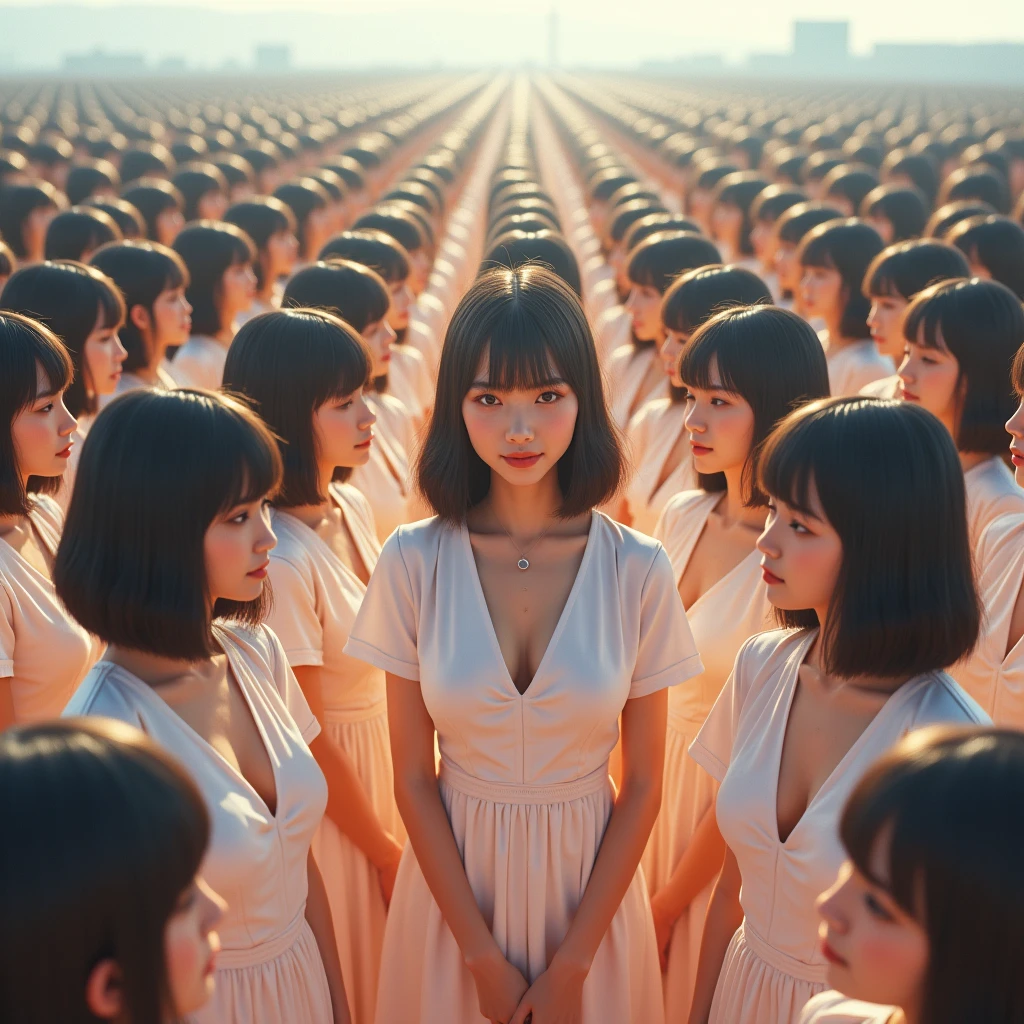 (((((Japanese Clone girls=Myself)))))), (((Best Super High quality Myself Clone girls Raw Photography Art))), (16K, Highest quality, Ultra-high resolution, RAW Photos), (((It's so unrealistic., With unparalleled depiction, With an unfathomable sight, An unprecedented and shocking worldview, Clone girls in a world of mass reproduction, Ultra-realistic))), (((Japanese, woman, 20yo, Saito-Asuka))), (Small face, ((Thick black hair, Semi-long hair))), ((V-neck short-sleeve dress)), (((((Very detailed美しい女体, Accurate body structure, Very detailed完璧な, Super busty body with very large breasts, Clearly emphasizes cleavage))))), (((Dark Eyes, Mature face, Cute Smile, A gentle gaze))), (((Her happy and smiling expression is so cute))), ((((((((Very detailed分身増殖描写, ((1girl→Myself cloning→1,000,000,000,000,000,000,000,000,000,000,000,000,000,000,000,000,000,000,000,000Myself Clone girls)))))))))), ((((((((Very detailed, The precise depiction of the proliferation of Myself Clone girls, ((With the perfectly identical bodies of Myself clone girls, With the exact same face as the Myself clone girls, With the exact same hairstyle as the Myself clone girls, In the exact same clothes as the girls who are my clones, Perfectly the same height as the Myself clone girls, Super big breasts, just like the Myself clone girls)))))))))), (((Myself clone girls only))), (((Very detailed depiction, (A group of Myself clone girls hugging each other, A large gathering of Myself clone girls, Fun conversations among crowds of Myself clone girls, A fun conversation among a crowd of Myself clone girls, Flirting with a crowd of Myself clone girls, Multiple Myself clone girls walking together in a crowd, turn around, The approaching crowd of Myself)))), (((Everyone looks at the camera))), (((Unbelievably crowded, Transcendent Myself clone girls intimately, A crowd of Myself clone girls surrounds you in 360 degrees))), (Bright, soft sunlight), (((Very wide field of view, Very detailed, Detailed ultra-perspective depiction with clear depth, super wide view))), (((((The place where multiple Myselfs join together is a blissful place))))), (((Very photographic and detailed depiction, Myself clone girls will multiply infinitely and fill the surroundings from one side to the horizon with their bodies tightly packed together without any gaps., A scene of endless Myself clone girls, giving a happy vibe.))), (Focus on the average value of the image)