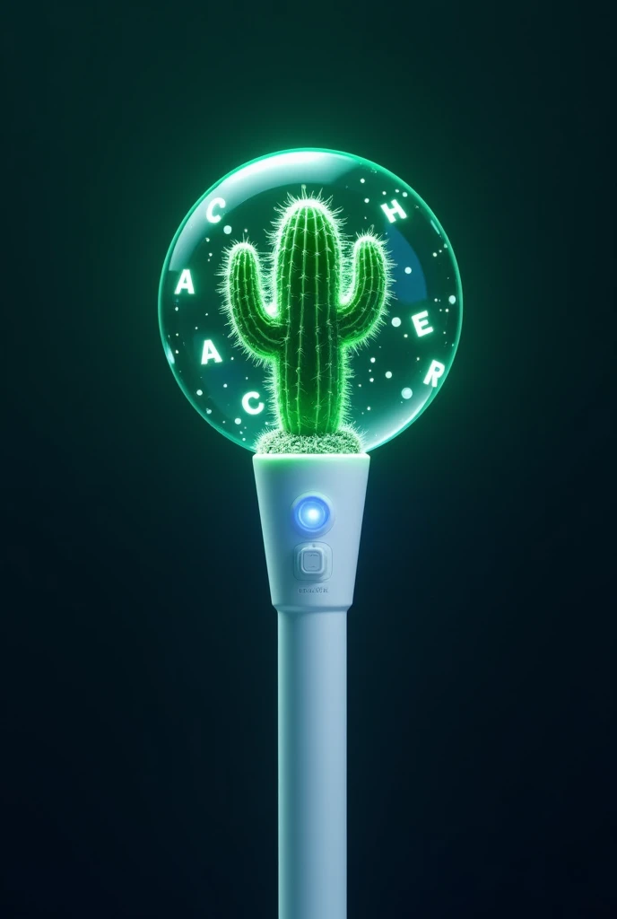 kpop lightstick. the stick is white. the size of stick is normal like other existed kpop lightstick about 18.5 cm height. it has a globe with cactus (dark green) in it. in that globe also have letter C,H,A,P,T,E,R floating around the cactus and inside the globe. The letters are white and glowing. Only one for each letter.the cactus emits green colour. glow in the dark. full picture. no hand. at the stick has on or off button. only cactus and letter inside the globe. no grass or anything. the globe is CIRCLE!!! at concert