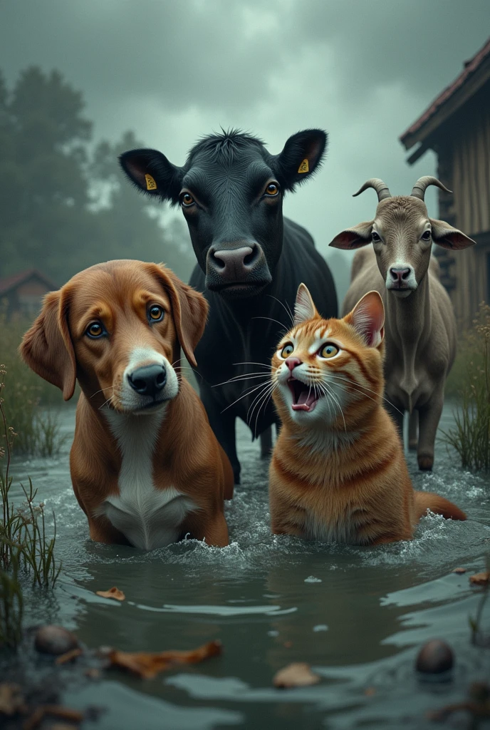 a dog cow and goat and cat is crying in a flood.his human friend left him alone.