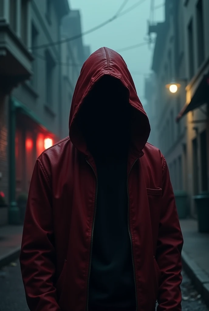 A man in red hoodie with head covering with hoodie. He has no face But he is talking. The background is a night horror street.