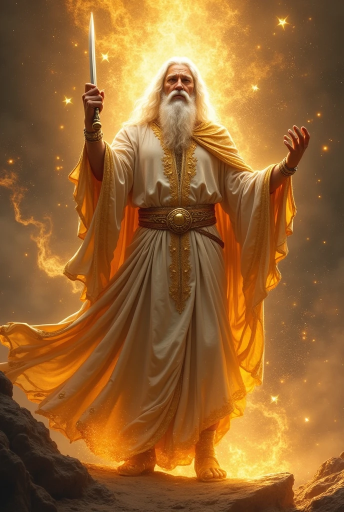 naughty man, dressed to the feet of a long garment and girded by the chest with a golden belt. And his head and his hairs were white like white wool., like snow, and the eyes, like a flame of fire; and his feet, similar to shining brass, as if it had been refined in a furnace; and your voice, like the voice of many waters.And he had seven stars in his right hand; and out of his mouth came a sharp two-edged sword; and his face was like the sun, when in its strength it shines.