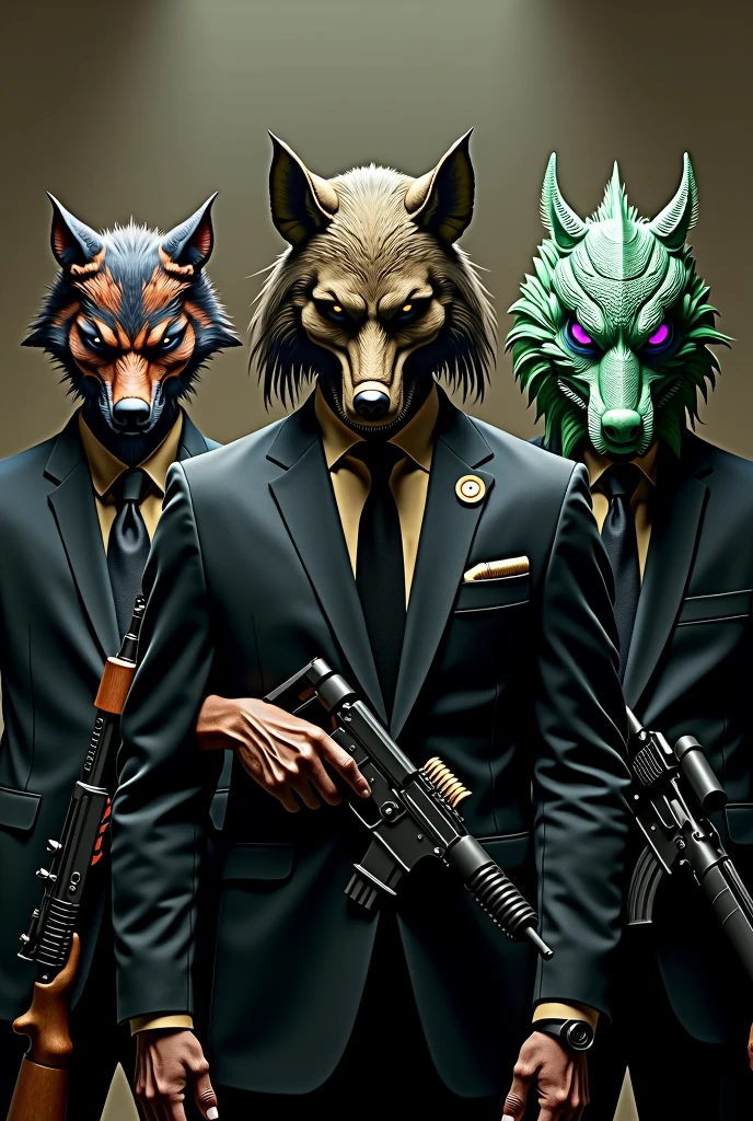 3 men in black suits, one at the end on the right with a realistic green dragon mask and purple tips red eyes , . In the middle one with a realistic wolf mask that has hair and on the left one with a realistic demon mask , All 3 with golden suits and weapons and lots of bullets