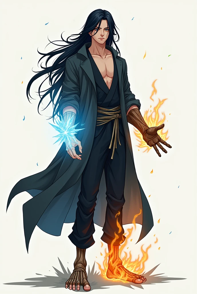 anime, 1 human man only, long black hair, standing, right wooden hand , left ice hand , right fire foot , left skeleton foot