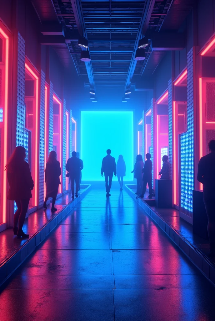 The party background is like a bustling club with the words “Project fashion designer - INIECO.” 3D with the main color being dark blue. Lots of LED lights and colorful lights shining everywhere. There must be an empty space in the center and no people