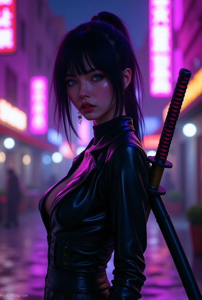 at night, some buildings in the united states, bars, purple phosphorescent lights, and a single woman with black hair and blue eyes, small nose,Super pretty with a black leather suit and two katanas on her back, head on, brillitos