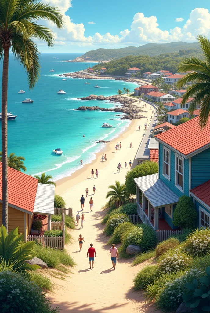 In a coastal village in Australia, the scene is marked by a stunning blend of natural beauty and quaint charm. White sand beaches stretch along the shoreline, meeting crystal-clear turquoise waters. Colorful beach houses with sun-bleached facades line the waterfront, while boats bob gently in the harbor. Palm trees sway in the ocean breeze, and the air is filled with the invigorating scent of salt and sea spray. Coastal paths wind through lush greenery, offering stunning views of the rugged coastline and inviting locals and visitors alike to enjoy the laid-back, seaside lifestyle.