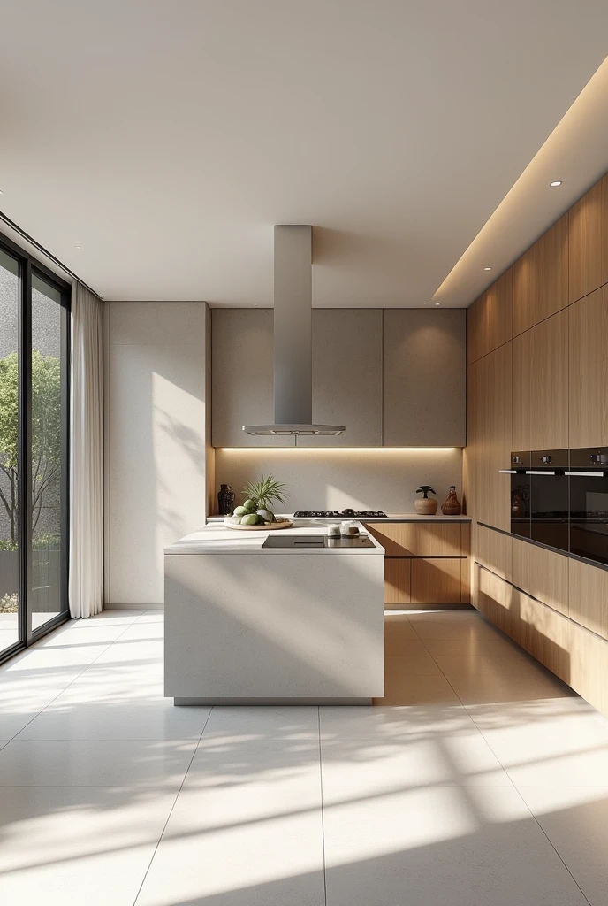 Create a large modern kitchen with beautiful wood and stone accents, the kitchen should be created in lighter shades of gray and white and should be very modern
