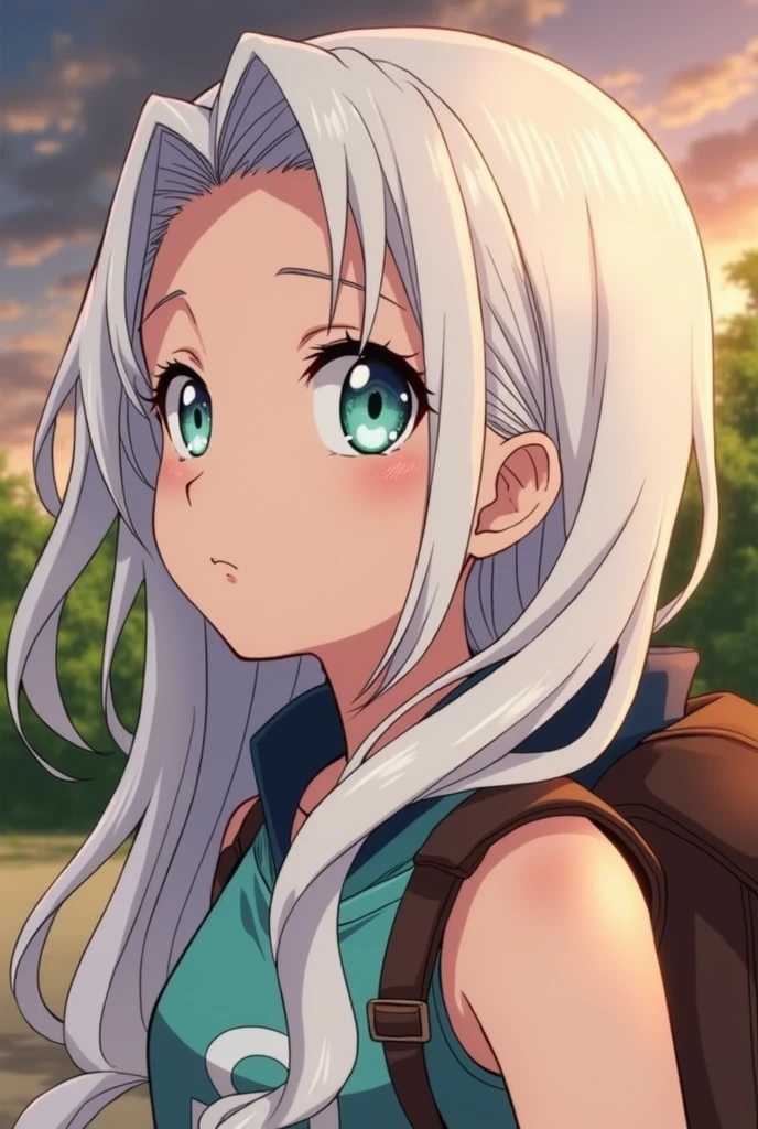(masterpiece), best quality, expressive eyes, perfect face, my hero academia, platinum blonde hair, edges of her hair white, clear turquoise eyes, long hair, female, fifteen years old, in outside, sunny day, clear sky, green grass, tree