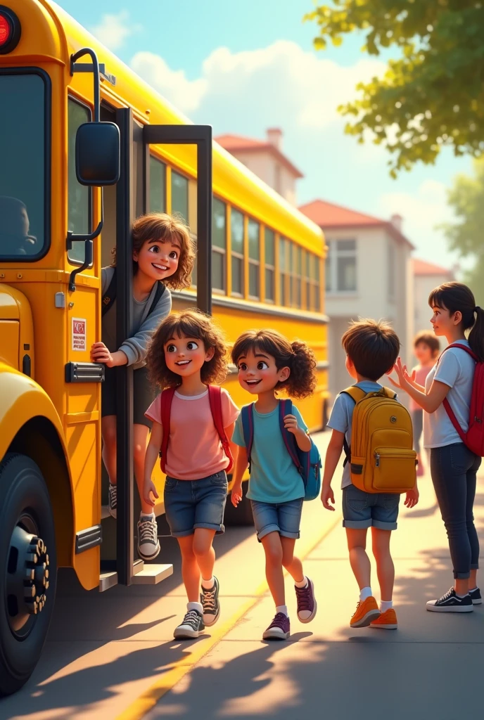 Create an image of a bright yellow school bus pulling up to an elementary school. A diverse group of excited children, ages 6-10, are stepping off the bus, waving to friends, and carrying colorful backpacks. The scene should be full of morning sunlight, with parents in the background waving goodbye.