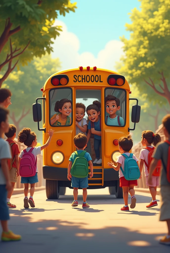  Create an image of a bright yellow school bus pulling up to an  school. A diverse group of excited children, ages 6-10, steppi off the bus, waving to friends, and carrying colorful backpacks. The scene should be full of morning sunlight, with parents in the background waving goodbye.