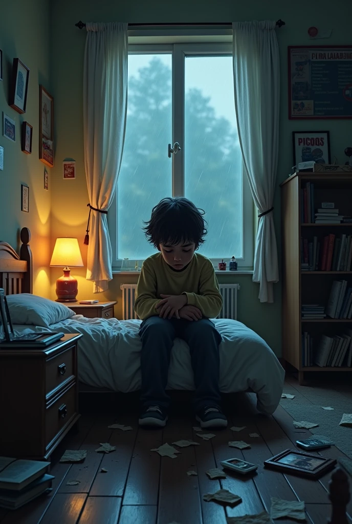 In a dimly lit, cluttered room, a young boy sits alone on the edge of a worn-out bed. The room, once bright and inviting, now feels like a confined space of despair, with faded posters peeling off the walls and scattered belongings hinting at a life that has been disrupted. The boy's clothes are rumpled, and his hair is disheveled, giving the impression of someone who has been lost in their own thoughts for too long.His face, etched with sadness, is illuminated only by the soft glow of a single, flickering lamp on a nearby desk. The shadows cast across his face accentuate the deep lines of worry and the heavy burden he seems to carry. His eyes, red and puffy from crying, stare blankly at the floor, unable to focus on anything in particular. The boy's posture is hunched, as if the weight of his emotions is physically pulling him down.Around him, the room is filled with signs of chaos—a toppled bookshelf, scattered books, and crumpled papers, reflecting the turmoil of his inner world. A broken picture frame lies shattered on the floor, with fragments of a photo of happier times scattered around it. The room's once vibrant colors have dulled, mirroring the boy's mood.Outside the window, the sky is overcast, with dark clouds rolling in, adding to the overall sense of gloom. The rain begins to patter softly against the windowpane, further amplifying the boy's sense of isolation and helplessness. The room is quiet except for the faint, rhythmic sound of the rain, which seems to echo the boy's heartbeat—slow and heavy.The boy's thoughts are tumultuous; he's grappling with a recent loss or disappointment that has left him feeling adrift and disconnected. He clutches a small, comforting object—a faded photograph, a cherished toy, or a handwritten note—close to his chest as if seeking solace in the memories it represents. His tears fall quietly, blending with the raindrops, and his breathing is shallow, as if even the simple act of drawing air is a struggle.This scene capture