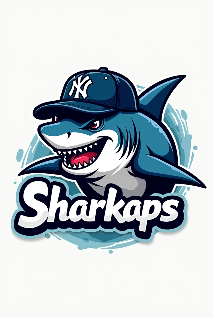 Create a logo of a shark with a NY cap that says SHARKAPS
