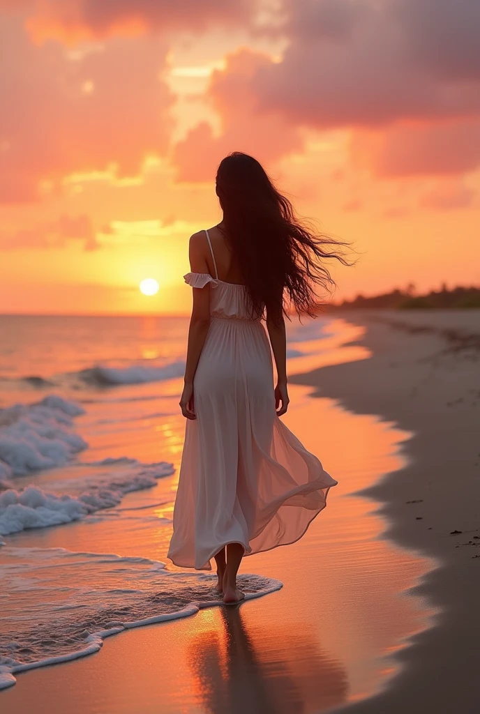 17 year indian The model walking barefoot along the shore of a serene beach at sunset. She is wearing a flowing, off-shoulder maxi dress in soft pastel colors. The breeze gently tousles her long hair as the waves lap at her feet, and the sky is painted with hues of orange and pink