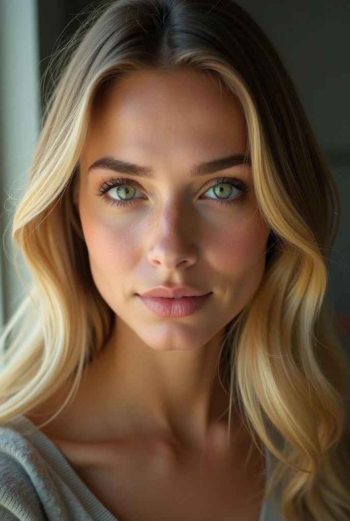 A realistic 20-year-old woman with a strong personality, with straight blonde hair and emerald green eyes