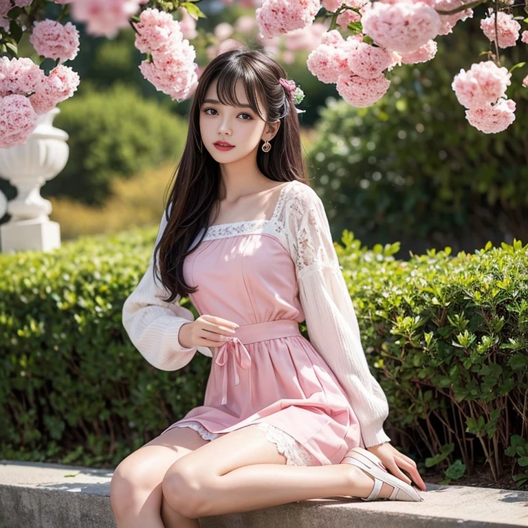 The dress is a delicate pink dress，The design combines elements of cuteness and elegance，Applicable cases。The following is a detailed description：

color：

Main color is soft pink，Gives people a sweet and dreamy feeling。
Top：

Top with white long sleeves，Lace edges at cuffs，Adds a sense of delicacy。
The neckline is round design，With delicate lace trim，Make the whole look more elegant。
There is a red ribbon in the middle，tied into a bow，Become the visual focus，Adds a lovely atmosphere。
Skirt：

The skirt is an A-line cut，Show smooth lines，Can effectively modify the body shape。
The skirt has exquisite patterns and「POETRY BLOOM」The word printing，These details make the skirt more distinctive。
The hem of the skirt is slightly flared out，Increased dynamics and layering。
Material：

整體Material看起來柔軟且舒適，May be lightweight cotton or polyester，Suitable for spring and summer seasons。
Matching suggestions：

Can be paired with light-colored heels or cute flats，Adds sweetness to the overall look。
Accessorize with simple accessories，Such as small earrings or bracelets，Will look more refined。
use：

This dress is perfect for a 、Date or other formal occasion，Shows the elegance and sweetness of the wearer。
This dress is not only very attractive in design，It can also show the personality and taste of the wearer.。